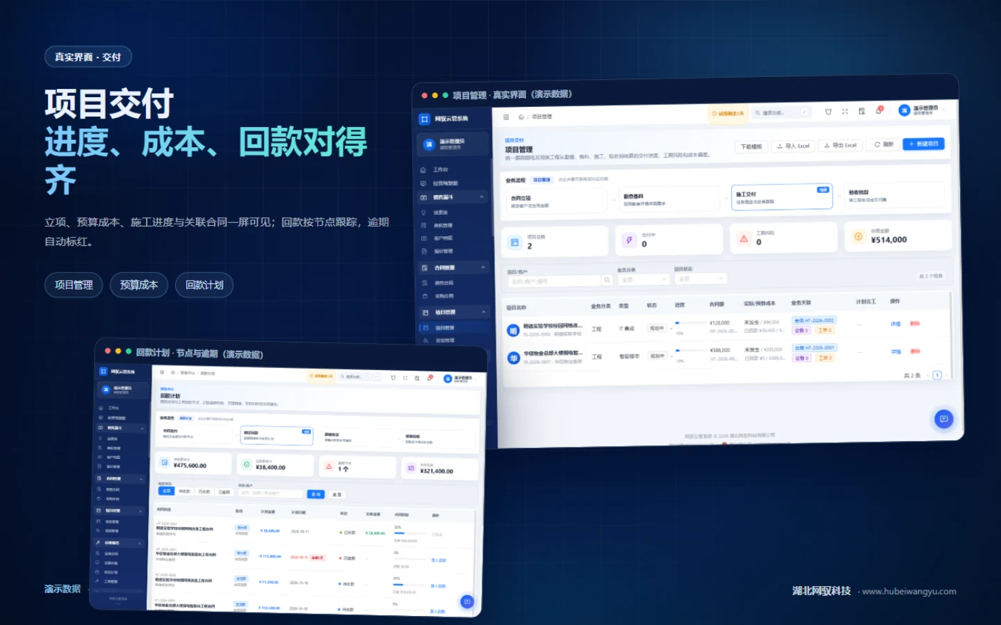 网驭云管项目交付：项目管理与回款计划真实界面